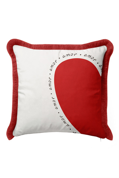 Evimde Bambaşka Love-Themed Heart Motif Fringed Pillowcase - Romantic Bohemia...