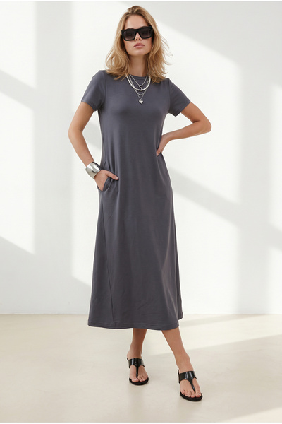 Olalook Women's Anthracite Crew Neck Pocketed Modal Buttoned Flowy Dress Elb-...