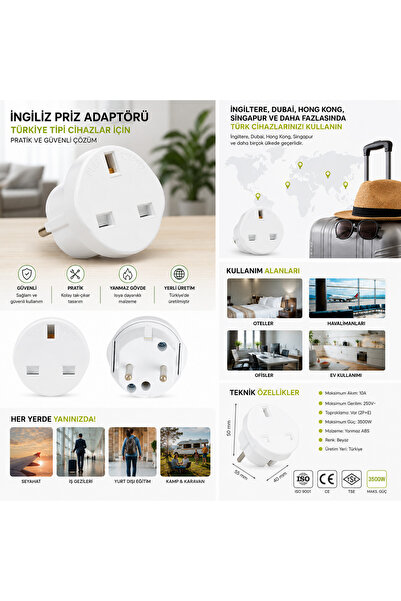 bydiz İngiliz Priz Adaptörü UK Fiş Dönüştürücü 3500W Topraklı TSE CE İngiltere Dubai Hong Kong Uyumlu