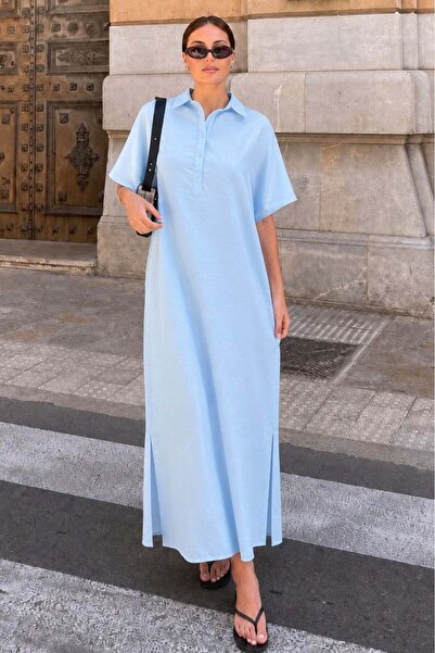 Madmext Baby Blue Modal Fabric Maxi Shirt Dress Mg2866