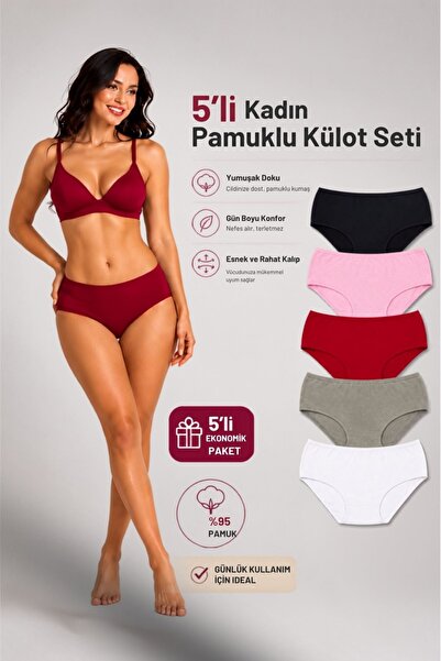 Kadın Pamuklu Düz 5'li Külot Seti Yumuşak Dokulu Günlük Basic Ekonomik Paket