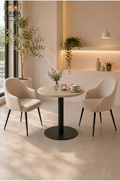 MARIA HOMES Modern Round Café Table with Marble-Effect Top and Black Pedestal...