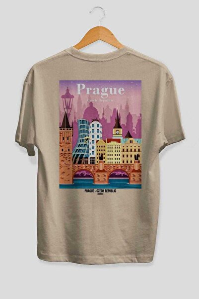 Ankhises Πράγα Τσεχία Μπεζ Oversize Country City Μπλουζάκι Unisex με στάμπα σ...