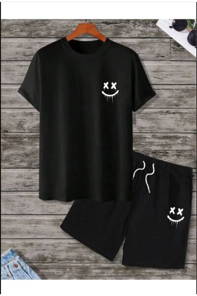 Boi X Smiley Face Printed Black Set de pantaloni scurți pentru bărbați