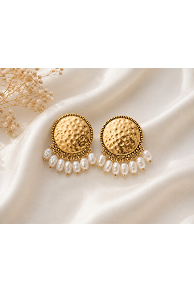 İnci Detaylı Gold Dokulu Vintage Küpe