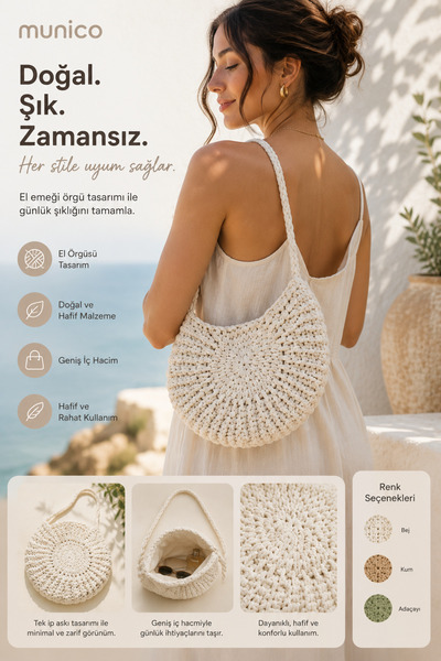 Munico Plaj Seyahat Günlük Kullanım Bej Kum Adaçayı Hafif Örgü Omuz Çantası K...
