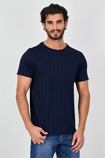 Bruno Milano Men Crew Neck Short Sleeve Textured T-Shirt, Navy Blue