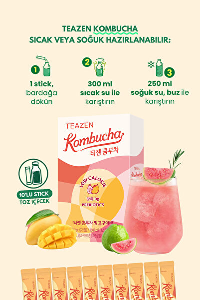 TEAZEN Probiyotik Ve Lif İçeren Bağırsak Sağlığı Destekli Şekersiz İçecek Kombucha Mango Guava