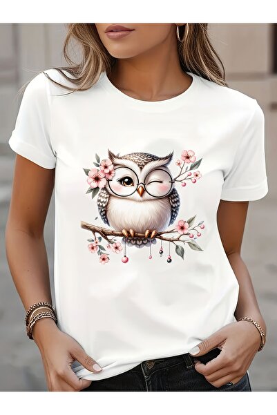 212Wear تي شيرت نسائي كاجوال بأكمام قصيرة وياقة دائرية مع طباعة بومة لطيفة، ق...