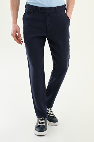 Mcr Ανδρικό παντελόνι Straight Slim Fit 100% λινό Ναυτικό μπλε - 38363.26Y