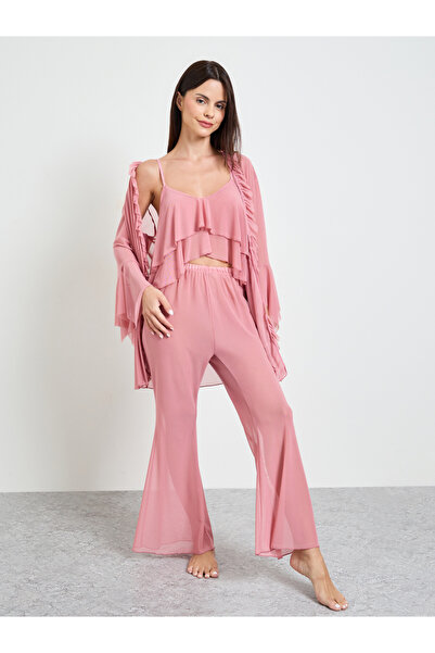 Take Two By Styli Pink Pack Of 3 - Ruffle Cropped Camisole, Flare Pants And R...