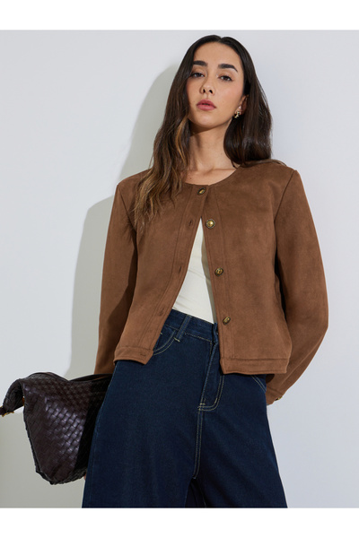 Styli Brown Suede Look Buttoned Jacket