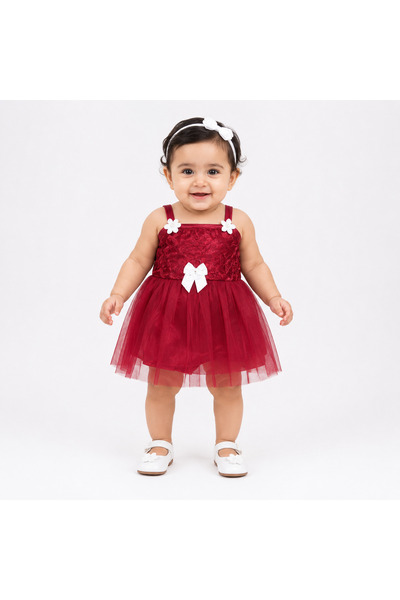 Generic Girls' Red Dress with Multi-Layered Tulle Skirt and Floral Details
