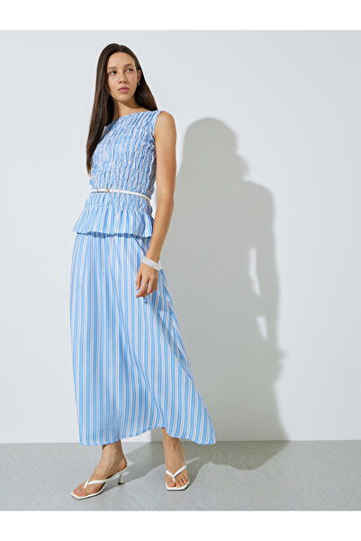 Styli Blue Striped Flared Maxi Skirt