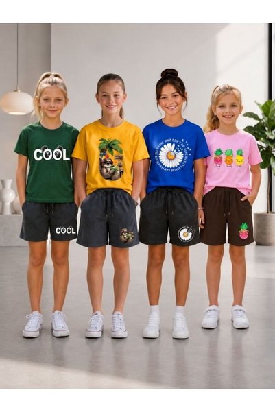 armicem Armikids Girls' 4-Piece Summer Shorts Set Multi-Color Printed Set