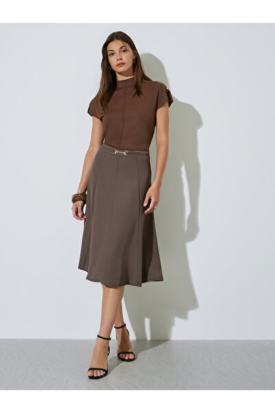 Styli Brown Knee Length Skirt With Buckle Accent