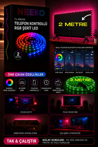 neeko TV Arkası Telefon Kontrollü RGB Şerit Led Sınırsız Renk 20 Mod 12V Kend...