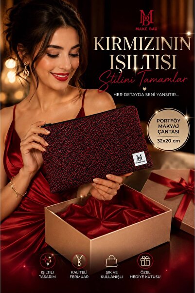 MAKE BAG KIZIL PARILTI SİMLİ PORTFÖY MAKYAJ ÇANTASI