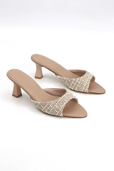 Lady Sunna Marellar (4/6 cm) Kırçıllı Bej Kumaş Kadın Topuklu Terlik