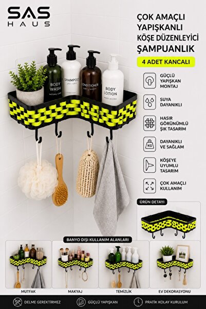 Sas Haus Wicker Look Adhesive Corner Shampoo Holder with 4 Hooks Plastic Bath...