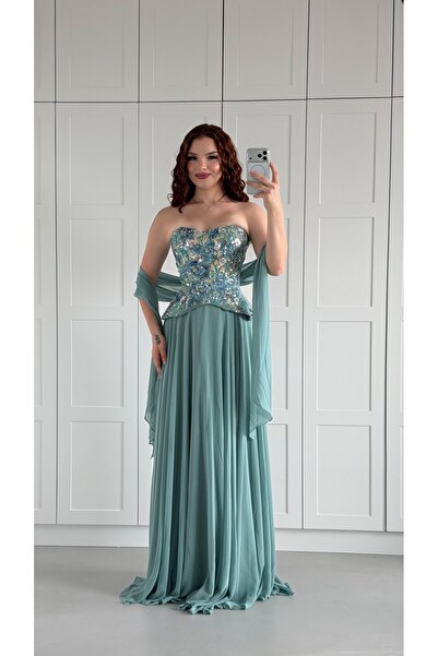 ayşenur Dinçer butik Majeste Özel Şifon Abiye Mint Yeşili
