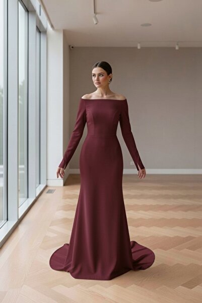 ENDAMIM Women's Boat Neck Long Sleeve Sweep Train Slit Pencil Wedding Dress L...