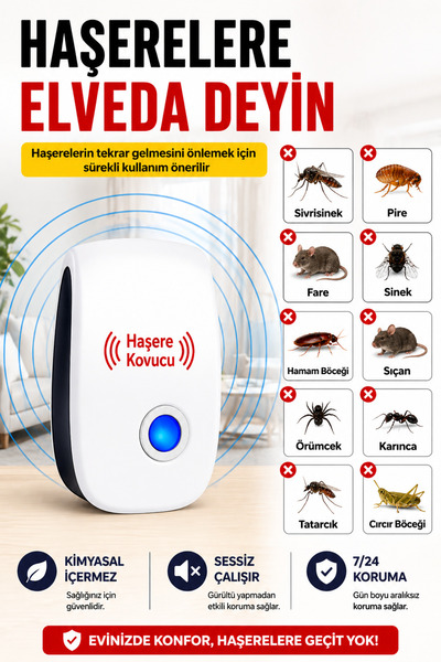 Byanes Ultrasonik Haşere Kovucu Cihaz | 360° Etkili | Sessiz | Kimyasal İçerm...