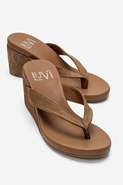 LuviShoes PRYON Toprak Süet Hakiki Deri Kadın Parmak Arası Dolgu Topuklu Terlik