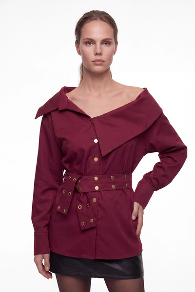 cemo Women's Belted Gold Buttoned Long Sleeve Satin Shirt