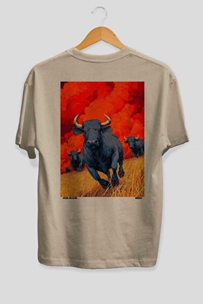 Ankhises Boğa 2 Oversize Back Printed Beige T-Shirt Unisex 100% Cotton Premiu...