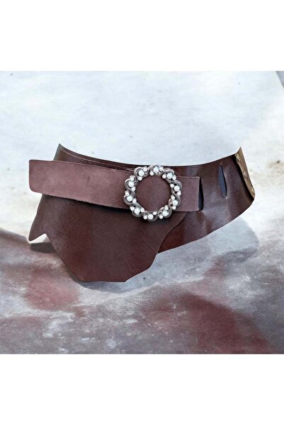 Yılday Gür Butik Cressida Asymmetrical Brown Leather Belt with Stone Buckle