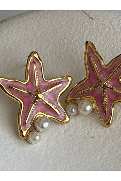 BHR AKSESUAR Pink Starfish Earrings with Pearl Detail (3 cm)