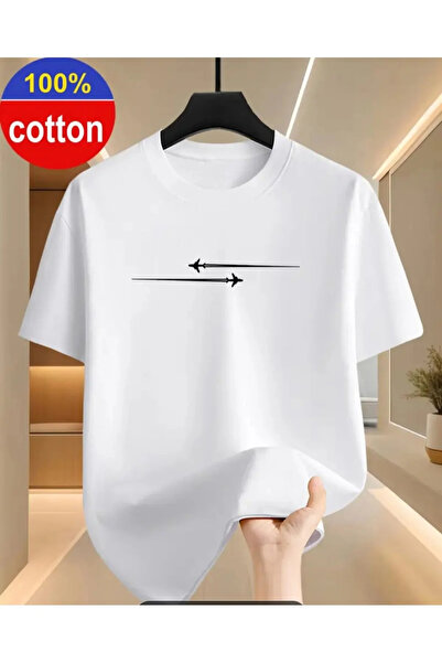 EYMORA White Minimal Airplane Printed Unisex T-Shirt – Modern Aviation Design...