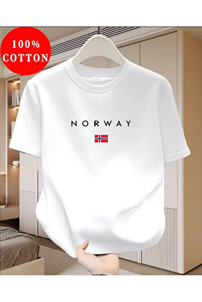 EYMORA White Norway Flag Printed Unisex T-Shirt – Nordic Style Minimal Travel...