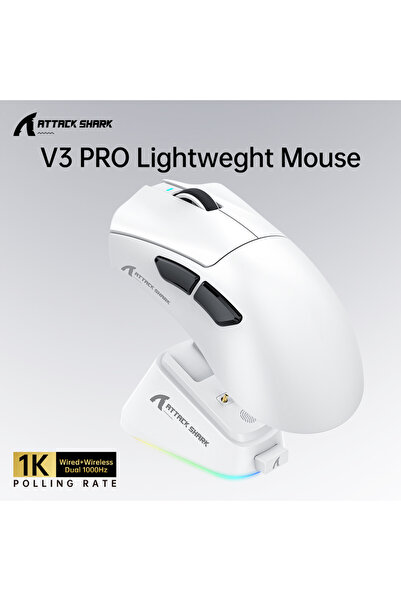 Choice1 فأرة ألعاب لاسلكية V3pro White Attack Shark V3 PRO، ثلاثية الأوضاع 2....