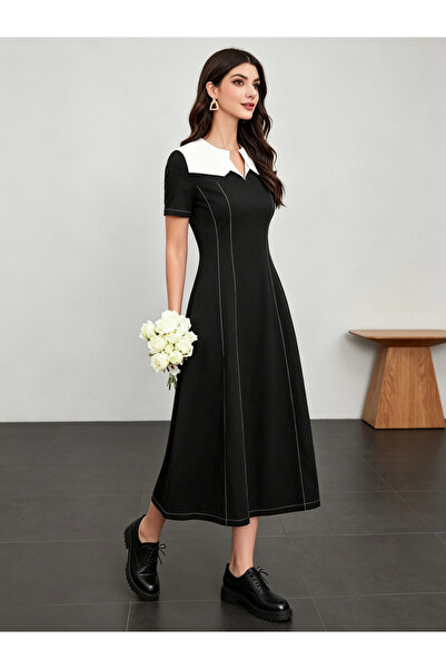 Take Two By Styli Black A-Line Midi Dress With Contrast Yoke