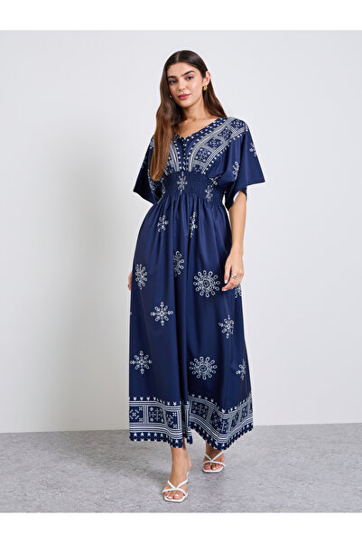 Take Two By Styli Dark Blue Graphic Print V Neck Maxi Dress
