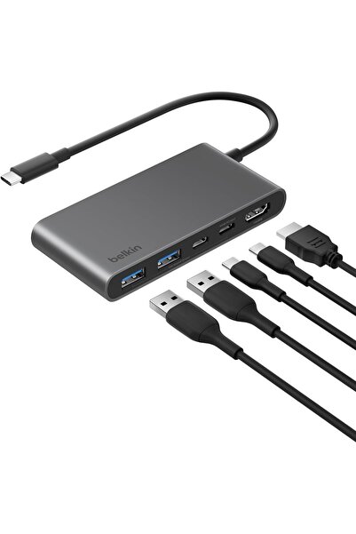 Belkin USB-C Hub, 5 Portlu, 60 Hz’de 4K HDMI Ekran Desteği, 100W Güç, 5Gbps V...