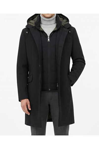 TerziAdemAltun Italian Style Slim Fit Men's Hooded Long Coat Black T13085