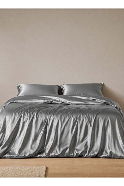 LUNA HOME Silky Satin, King Size 6-Piece Bedding Set, Plain Silver Medium Gra...