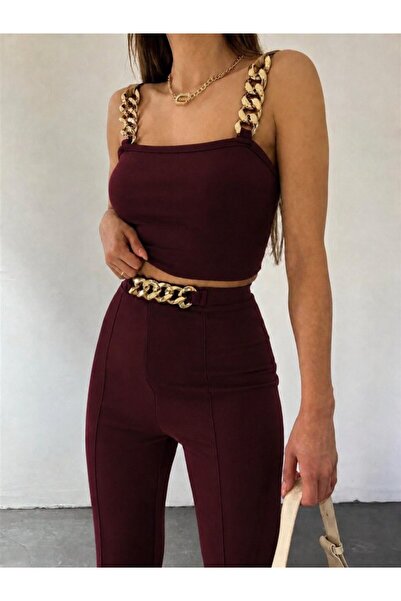 Modayakamoz Women's Chain Strap Crop Imported Crepe Blouse and Trousers Two-P...