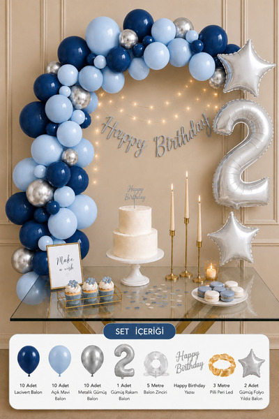 Baloncu Nene 2 Yaş Doğum Günü Balon Süsleme Seti Lacivert Açık Mavi Gümüş Rak...