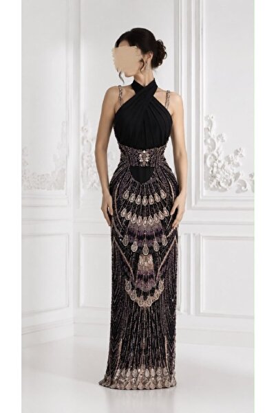 ranin Black Evening Dress Crystal Stretch Embroidered Beading Evening Dress