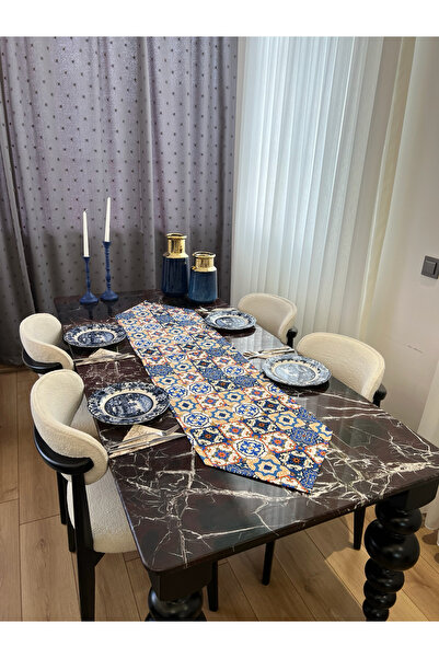 Espay Mavi Vintage Desenli Duck Keten Runner