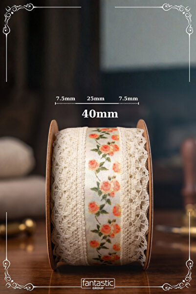 FANTASTIC Dantelli Çiçek Desenli Kurdele - 40mm Genişlik - 10 Metre Uzunluk
