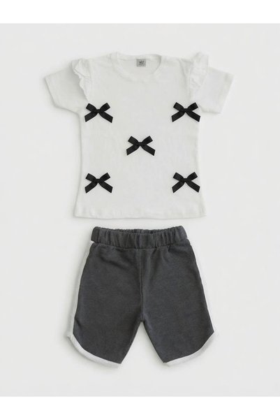 Kalyoncu Butik Black Bow Embroidered Shoulder Ruffle Detailed, Short Shorts Girls' Set