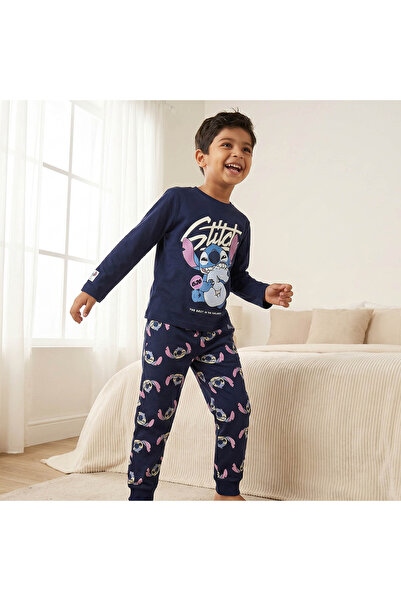 Disney Cotton Crew Neck Long Sleeves Pyjama Set with Stitch Print