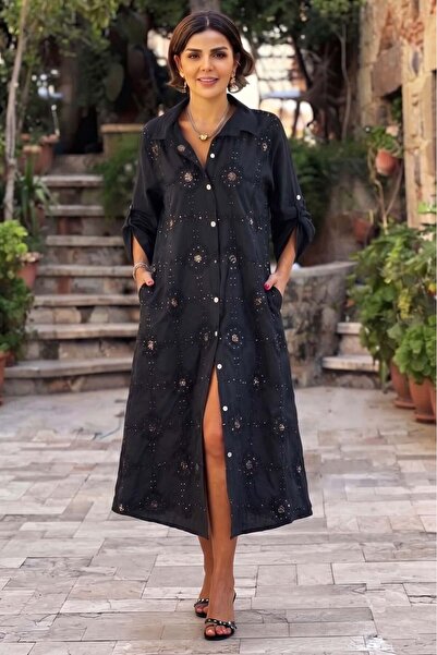 Nevin Kaya Moda Black Sequined Floral Italian Dress