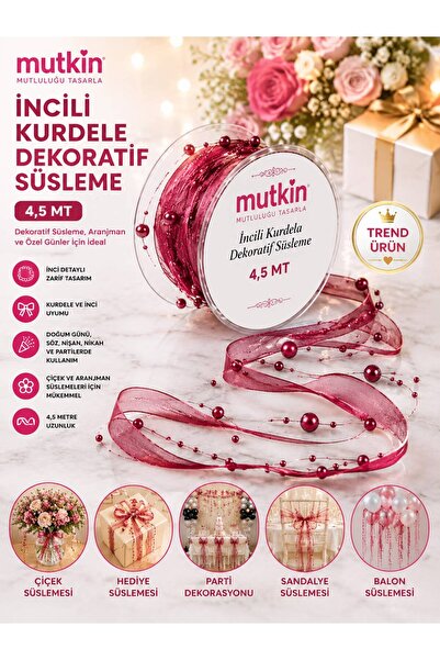 Mutkin 4,5 Mt Bordo Organze İnci Kurdela | 3 mm Saten Kurdelalı Misinalı İnci...