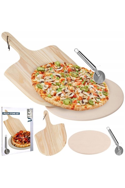 Vilde Piatră de copt pizza din lemn + lopată din lemn + cuțit